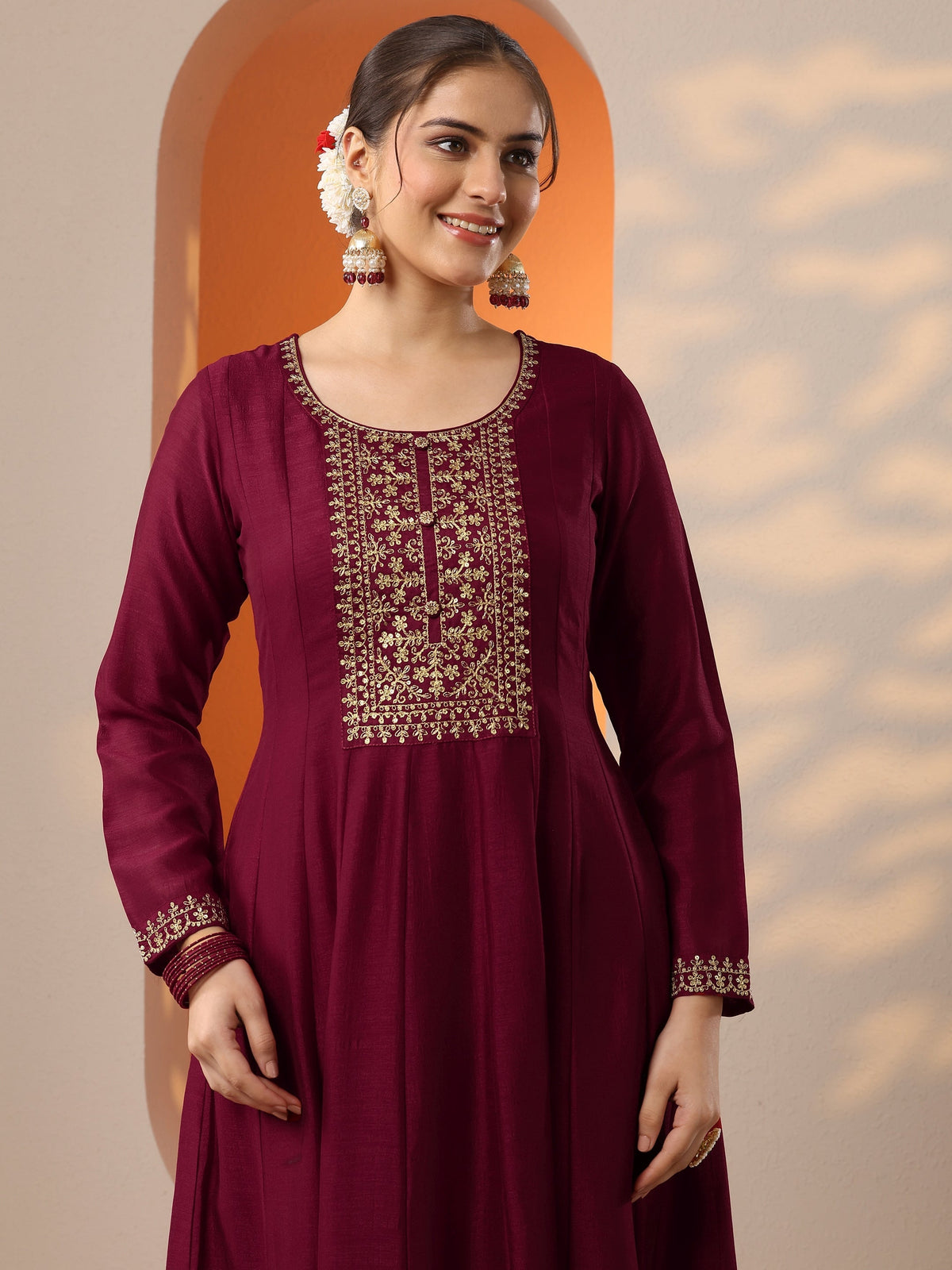 Anouk Maroon Embroidered Silk Blend Anarkali Suit Set With Dupatta