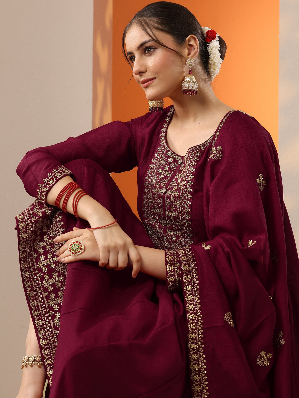 Anouk Maroon Embroidered Silk Blend Anarkali Suit Set With Dupatta