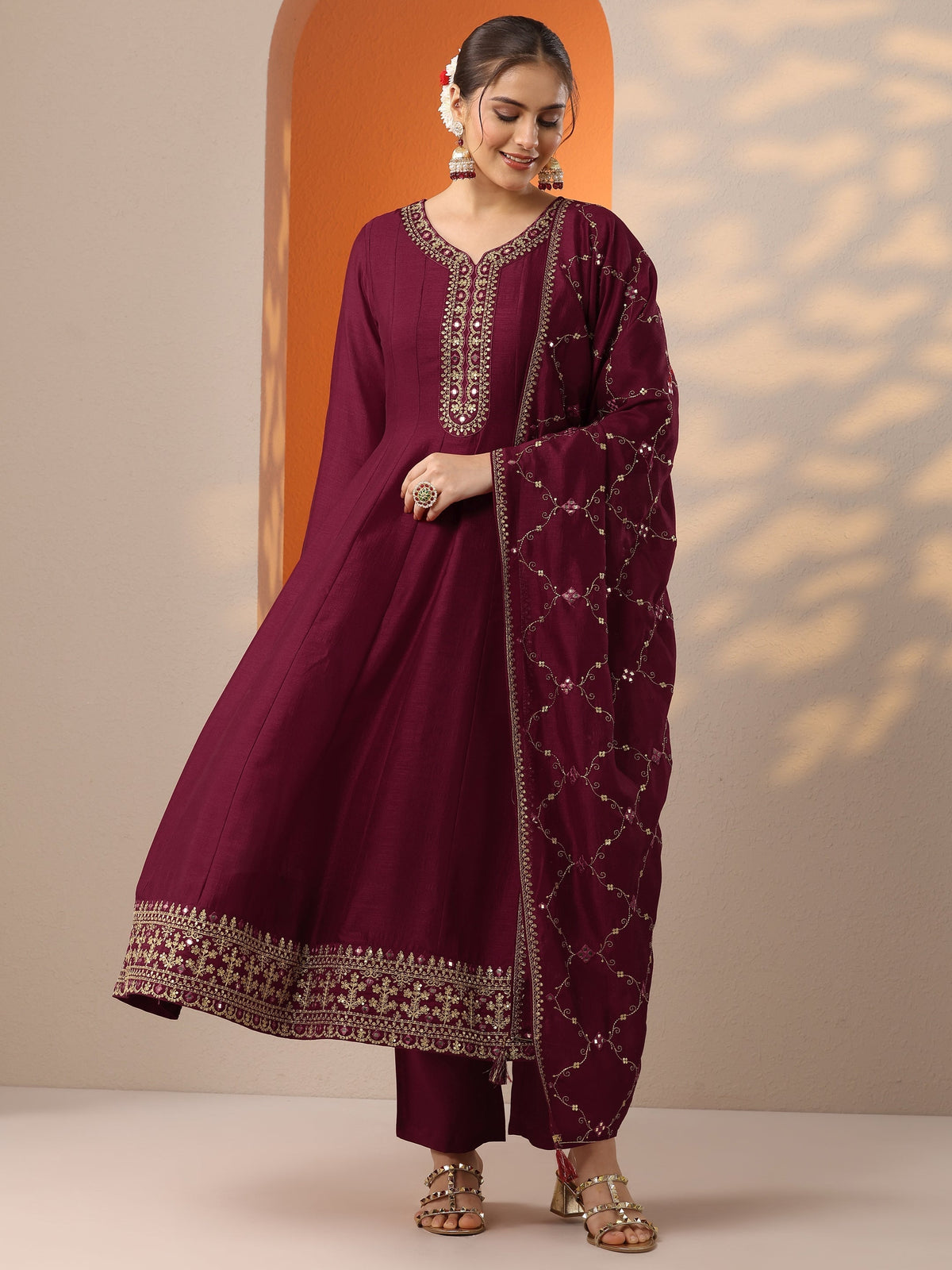 Anouk DivyaniÂ Maroon Embroidered Silk Blend Anarkali Suit Set With Dupatta