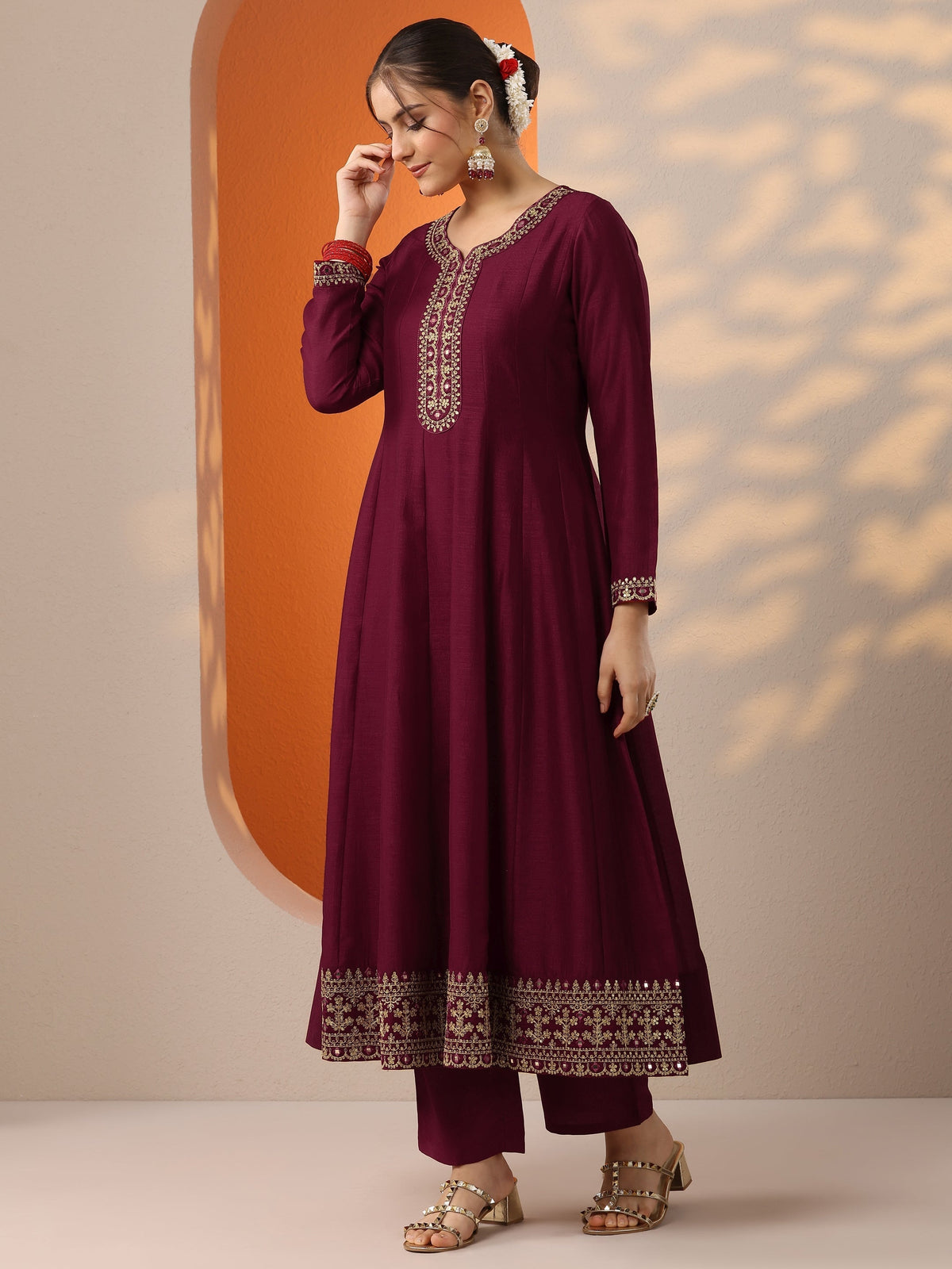 Anouk DivyaniÂ Maroon Embroidered Silk Blend Anarkali Suit Set With Dupatta
