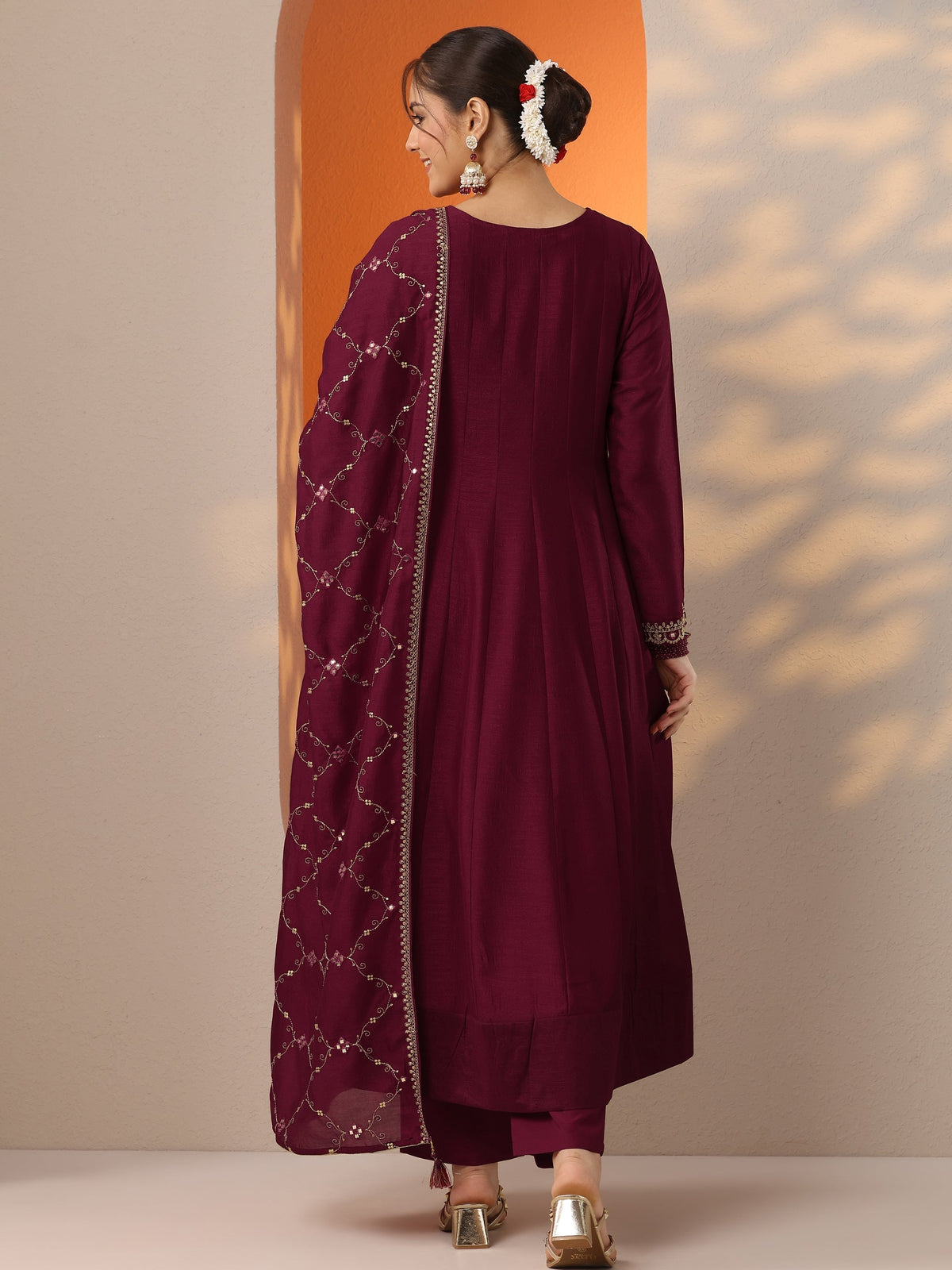Anouk DivyaniÂ Maroon Embroidered Silk Blend Anarkali Suit Set With Dupatta