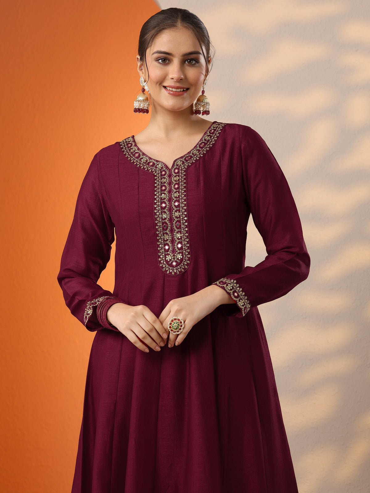 Anouk DivyaniÂ Maroon Embroidered Silk Blend Anarkali Suit Set With Dupatta