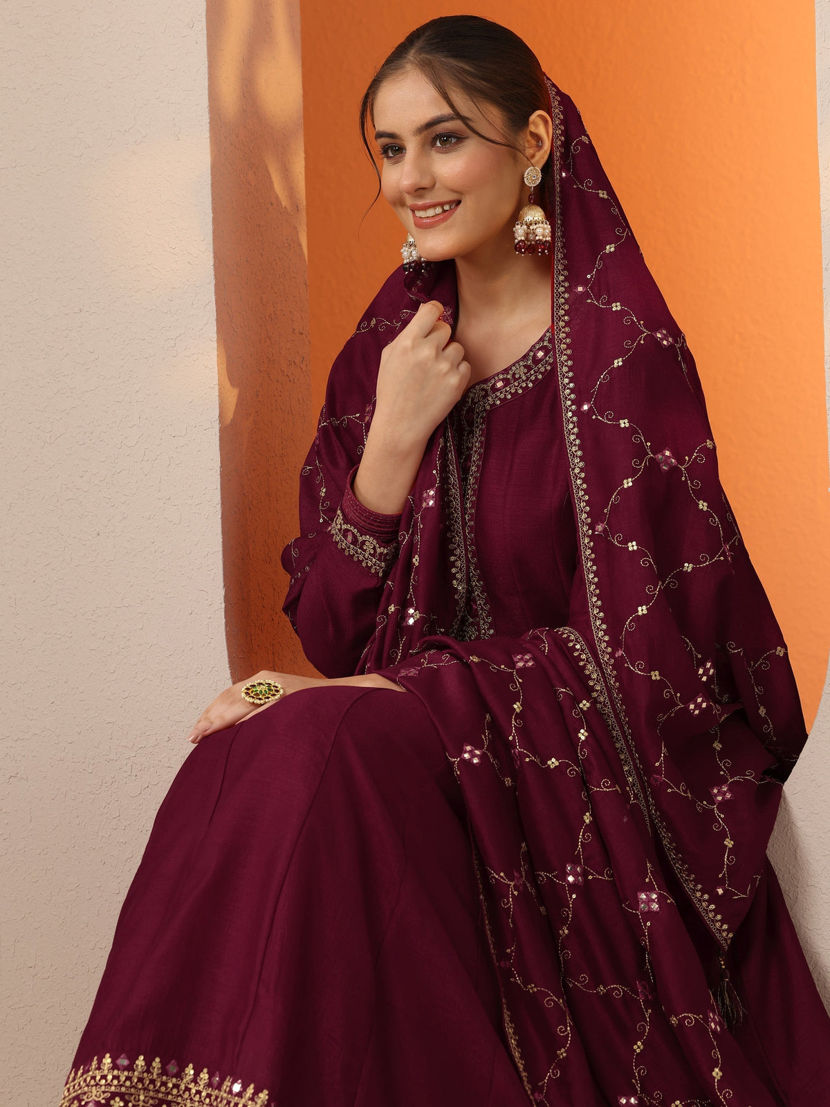 Anouk DivyaniÂ Maroon Embroidered Silk Blend Anarkali Suit Set With Dupatta