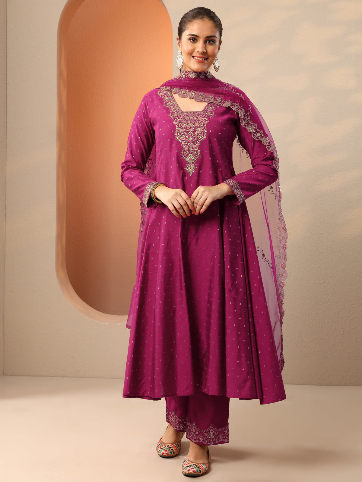 Anouk Magenta Embroidered Silk Blend Anarkali Suit Set With Dupatta