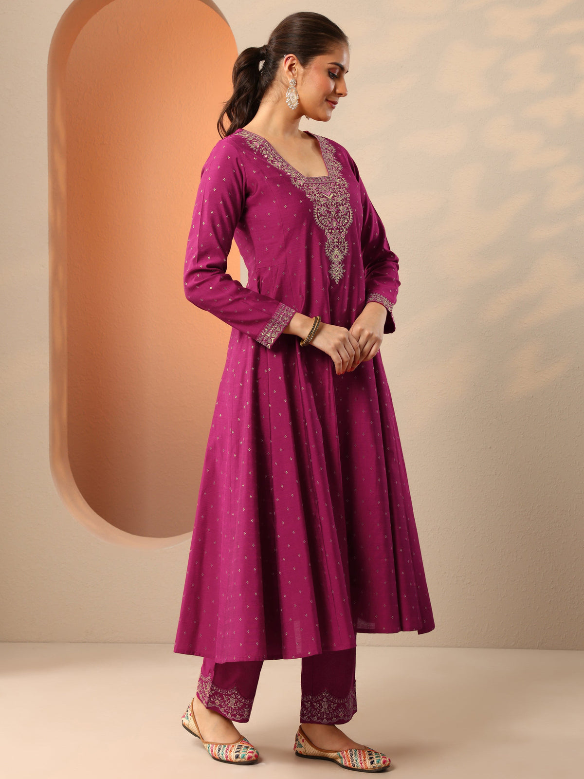 Anouk Magenta Embroidered Silk Blend Anarkali Suit Set With Dupatta