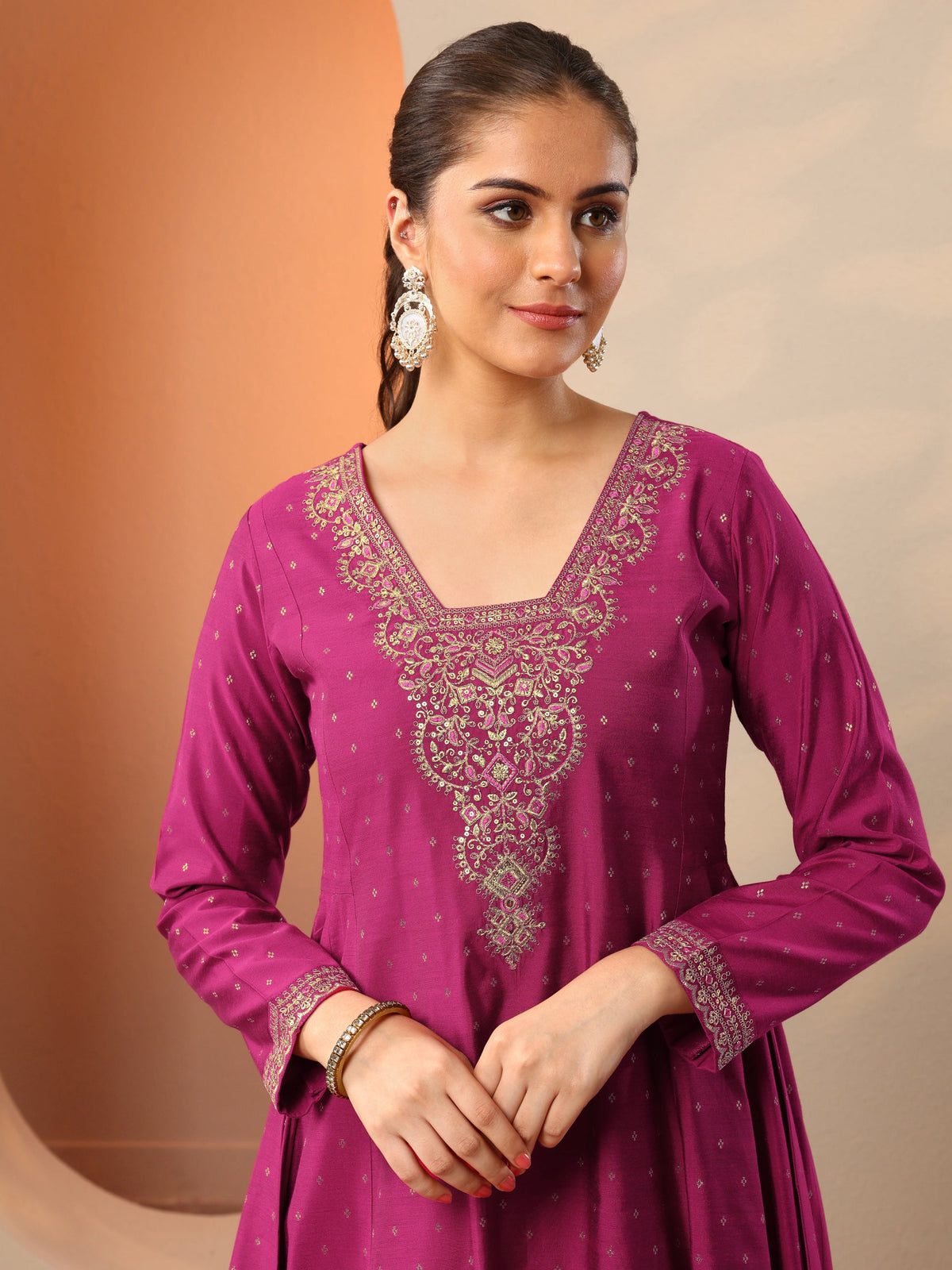 Anouk Magenta Embroidered Silk Blend Anarkali Suit Set With Dupatta