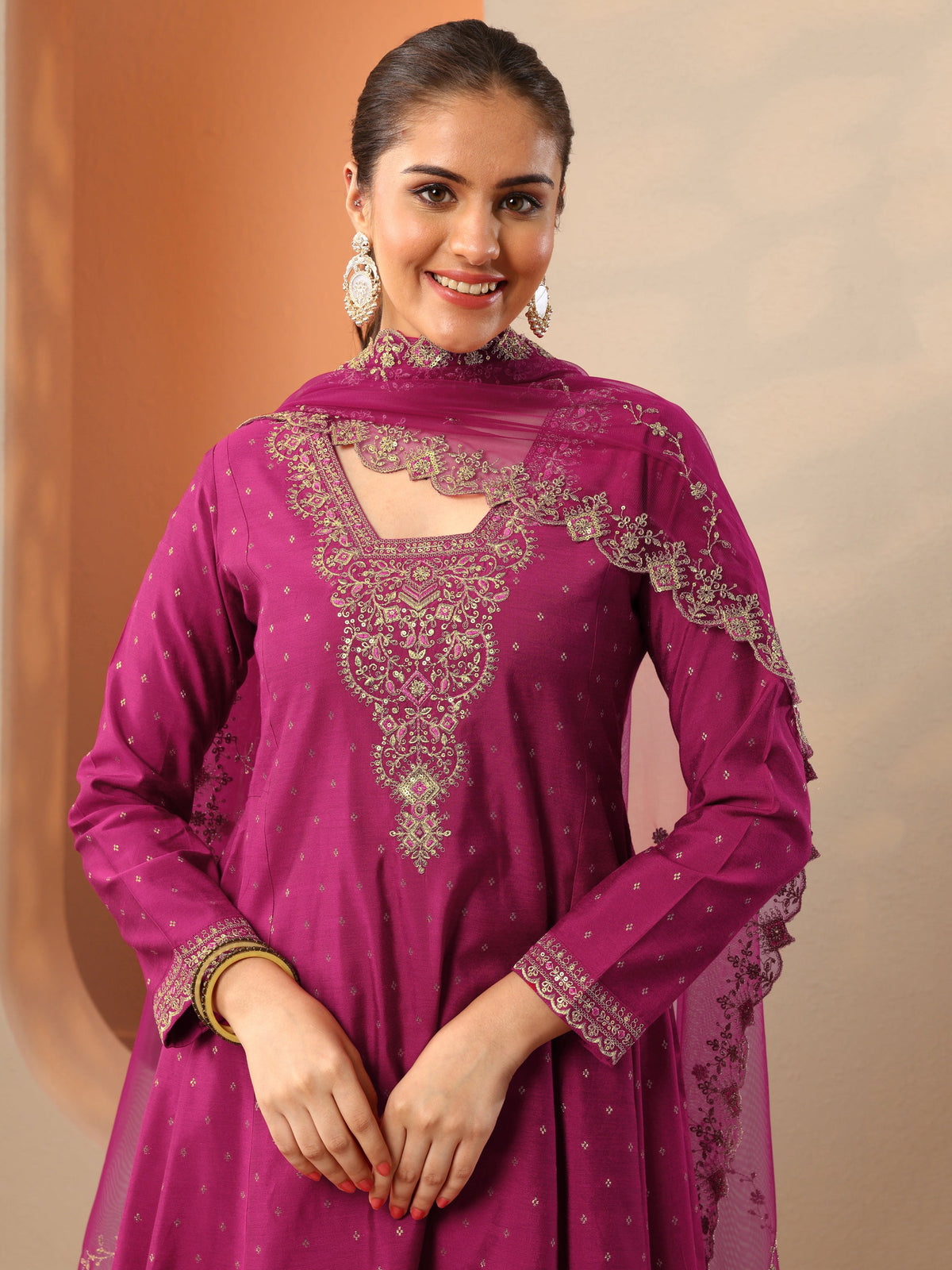 Anouk Magenta Embroidered Silk Blend Anarkali Suit Set With Dupatta