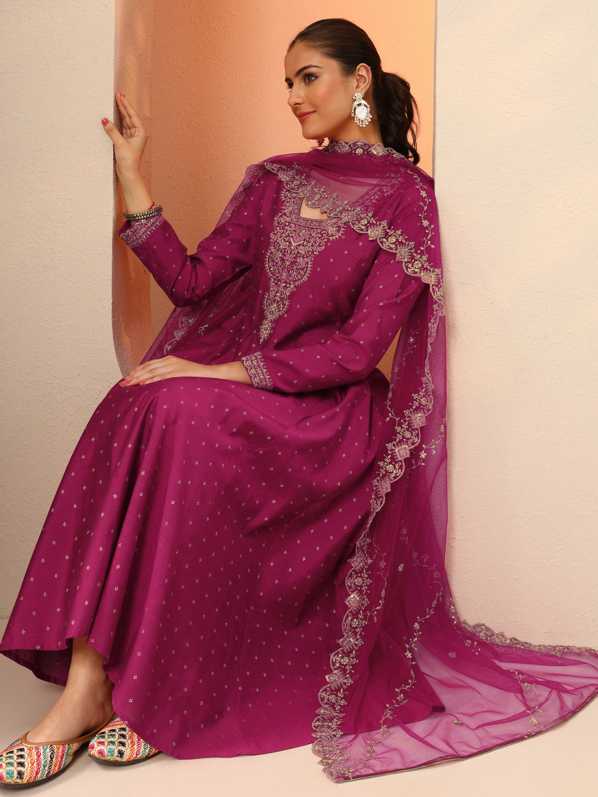 Anouk Magenta Embroidered Silk Blend Anarkali Suit Set With Dupatta