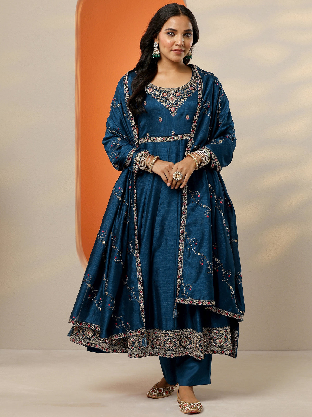 Anouk Navy Blue Yoke Design Silk Blend Anarkali Suit Set With Dupatta