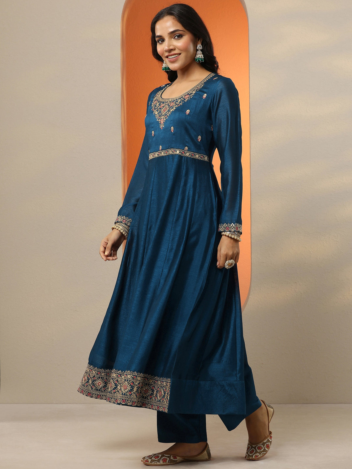 Anouk Navy Blue Yoke Design Silk Blend Anarkali Suit Set With Dupatta
