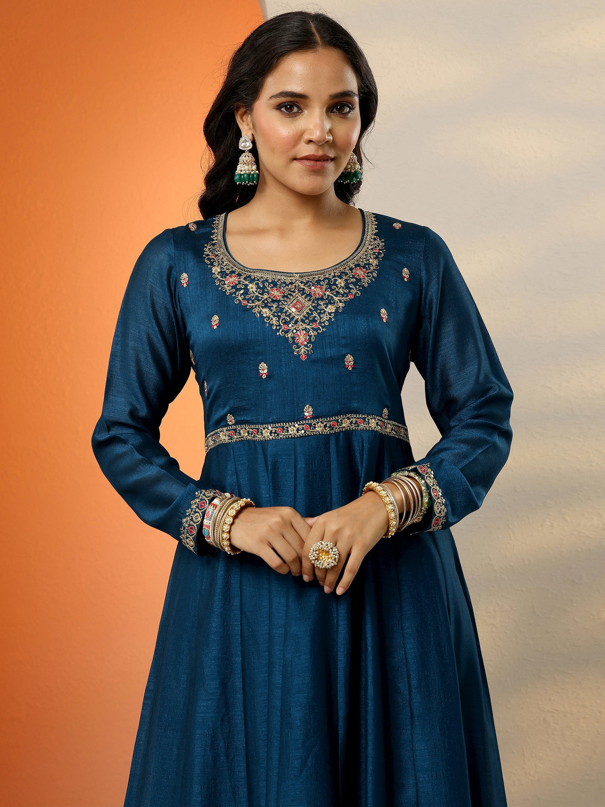 Anouk Navy Blue Yoke Design Silk Blend Anarkali Suit Set With Dupatta