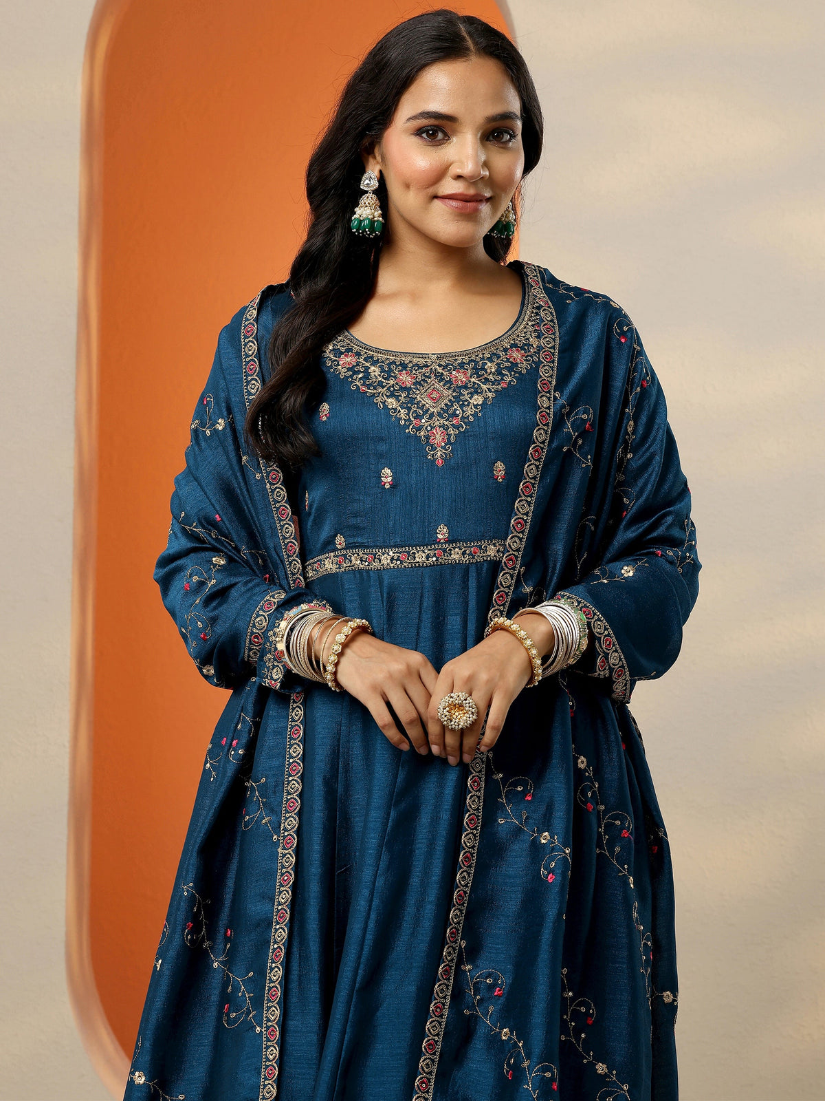 Anouk Navy Blue Yoke Design Silk Blend Anarkali Suit Set With Dupatta
