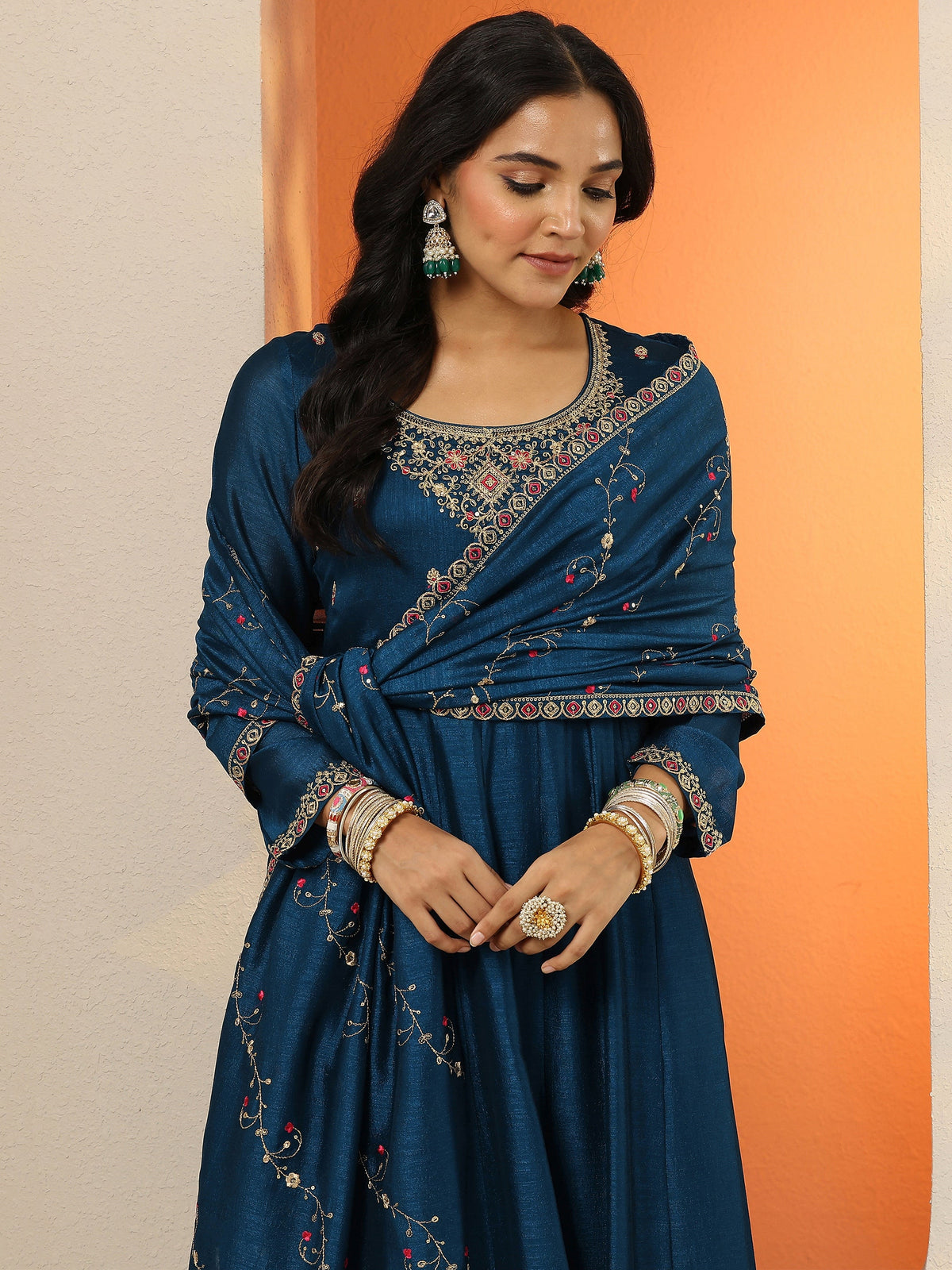 Anouk Navy Blue Yoke Design Silk Blend Anarkali Suit Set With Dupatta