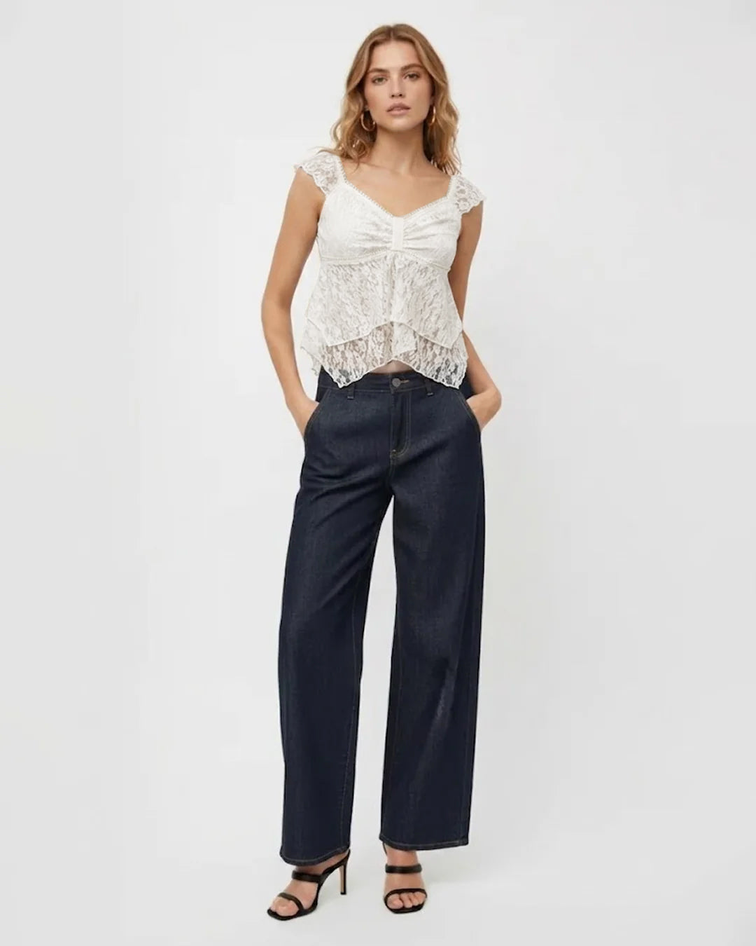 Ruffle Detail Lace Top in Classic White