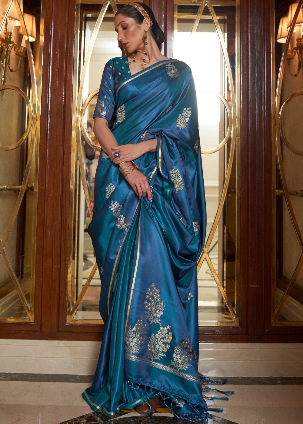 Regal Blue Designer Satin Silk Saree