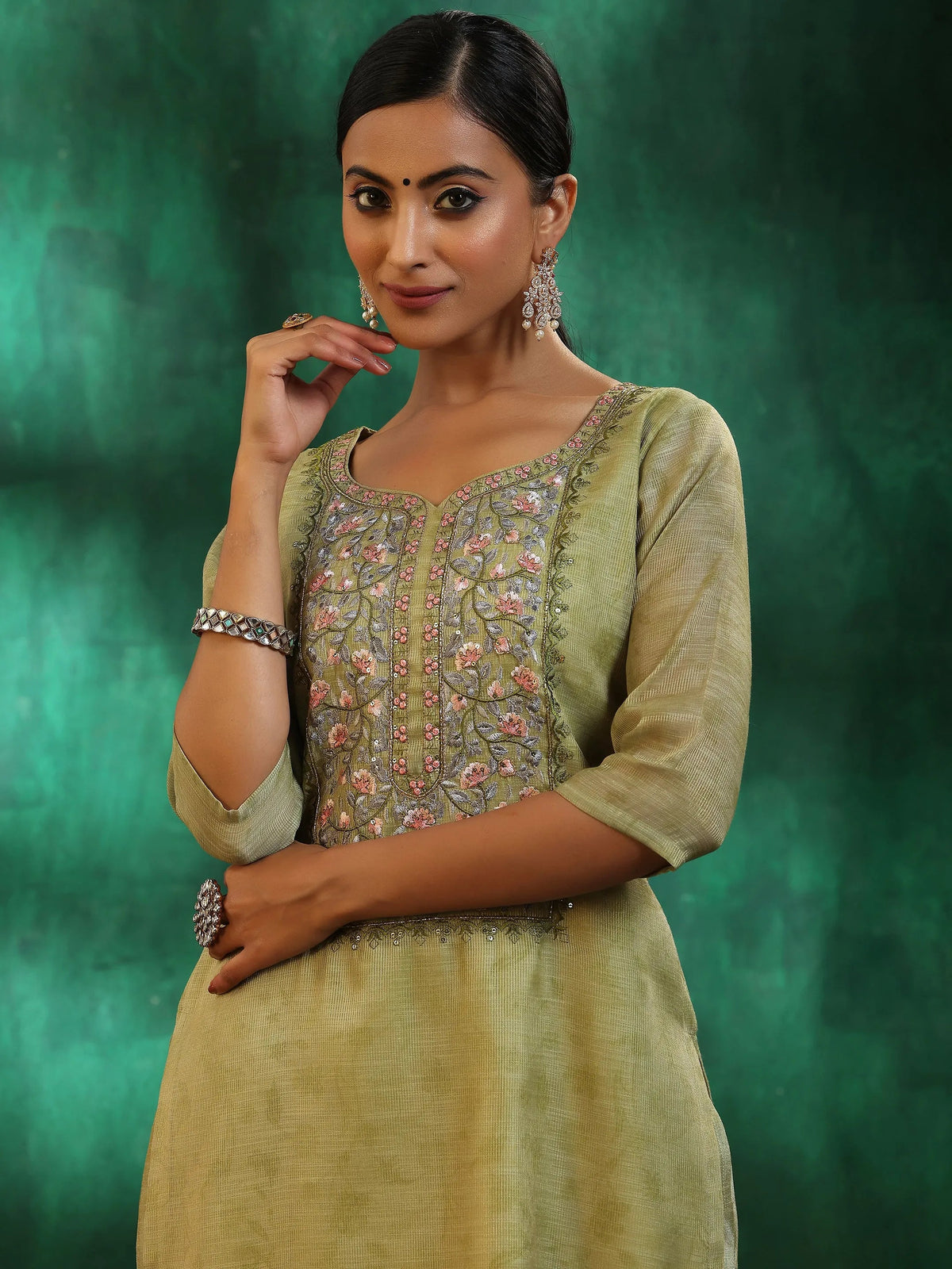 Anouk Green Yoke Design Silk Blend Straight Suit With Dupatta