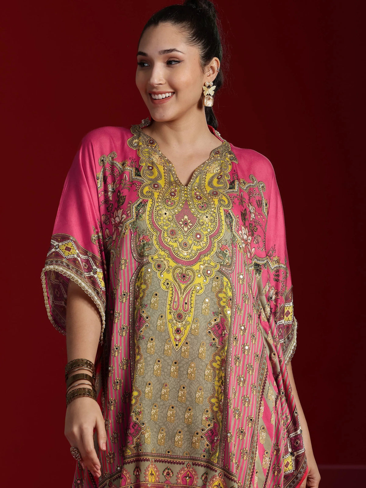 Anouk Art Coral Printed Silk Blend Kaftan Kurta With Palazzos