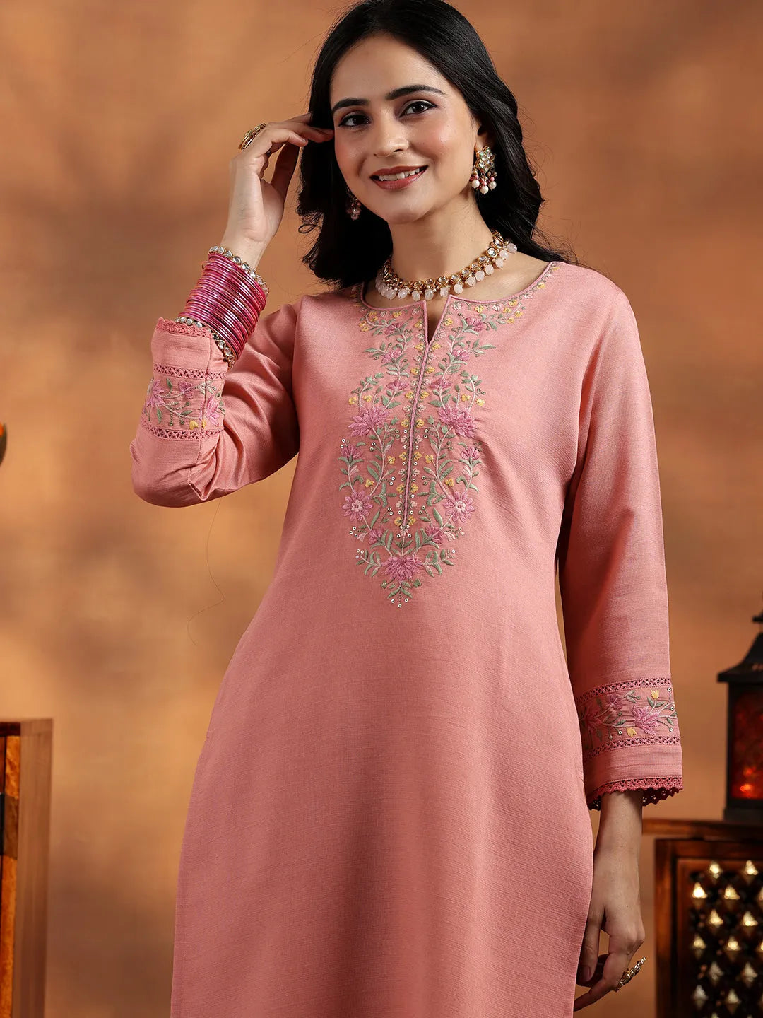 Anouk Peach Yoke Design Silk Blend Straight Suit With Dupatta