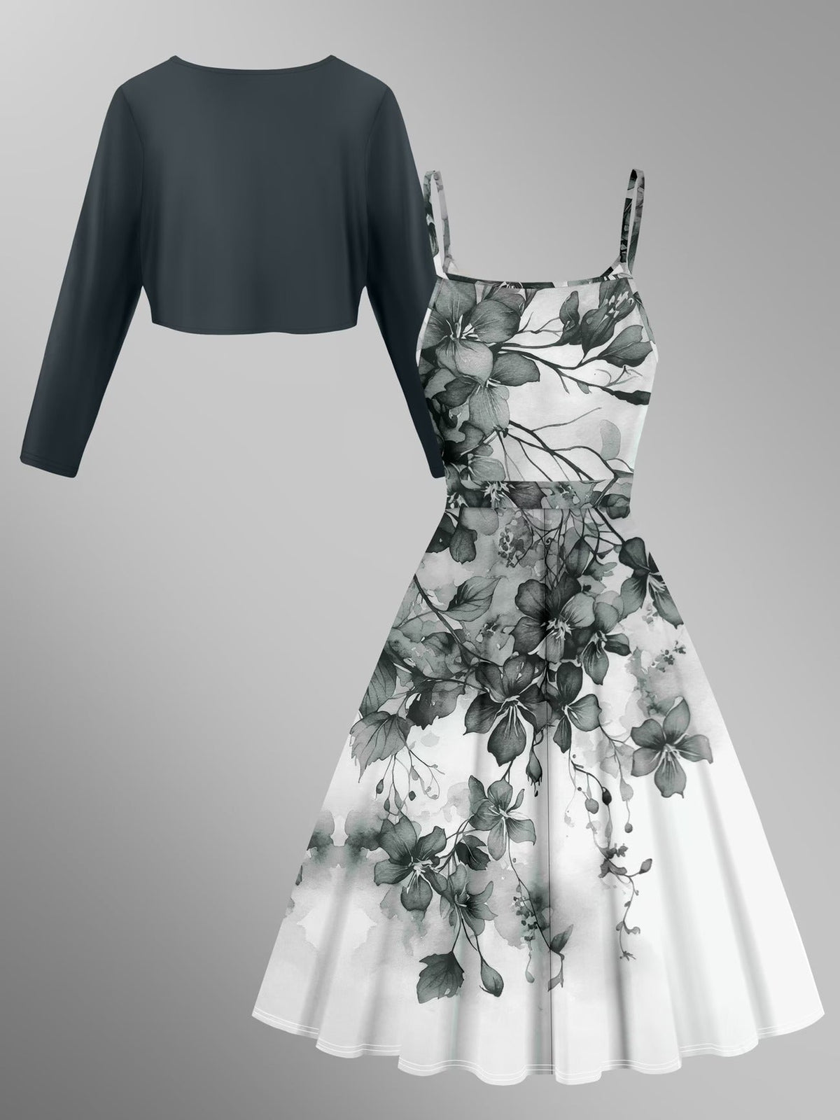 Elegant Floral Tie Dress with Solid Color Cardigan – Stylish Two-Piece Women’s Set