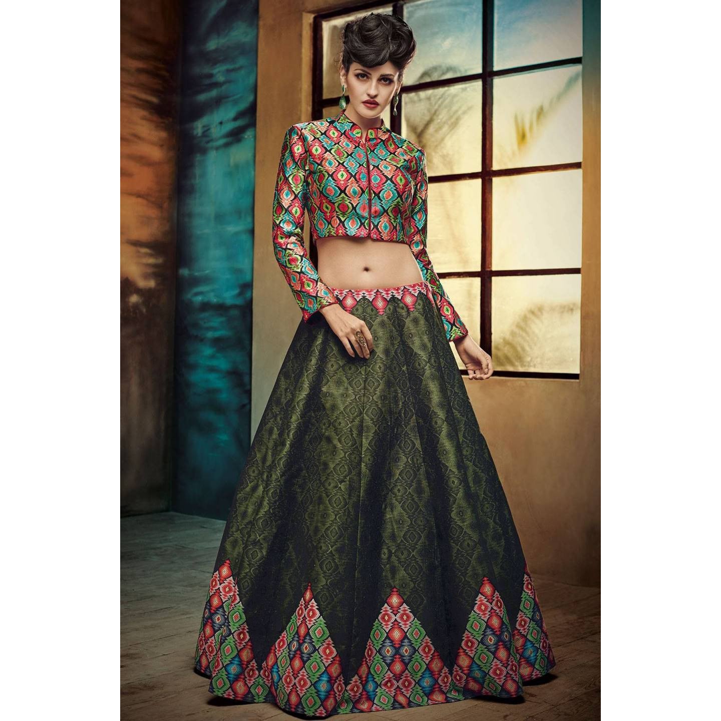 Olive Green Lehenga with Multicolor Blouse Partywear Silk