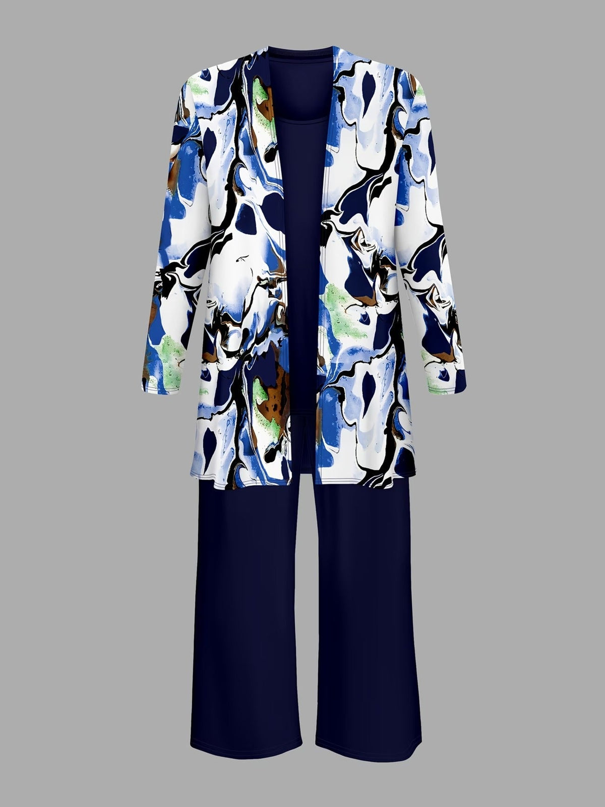 Elegant Striped Cardigan Blazer with Solid Vest & Wide-Leg Pants – Stylish 3-Piece Women’s Suit Set