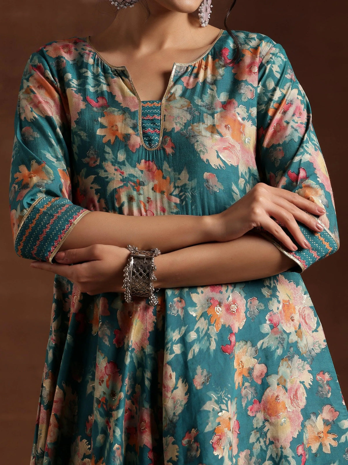 Anouk Blue Printed Silk Blend Anarkali Suit With Dupatta