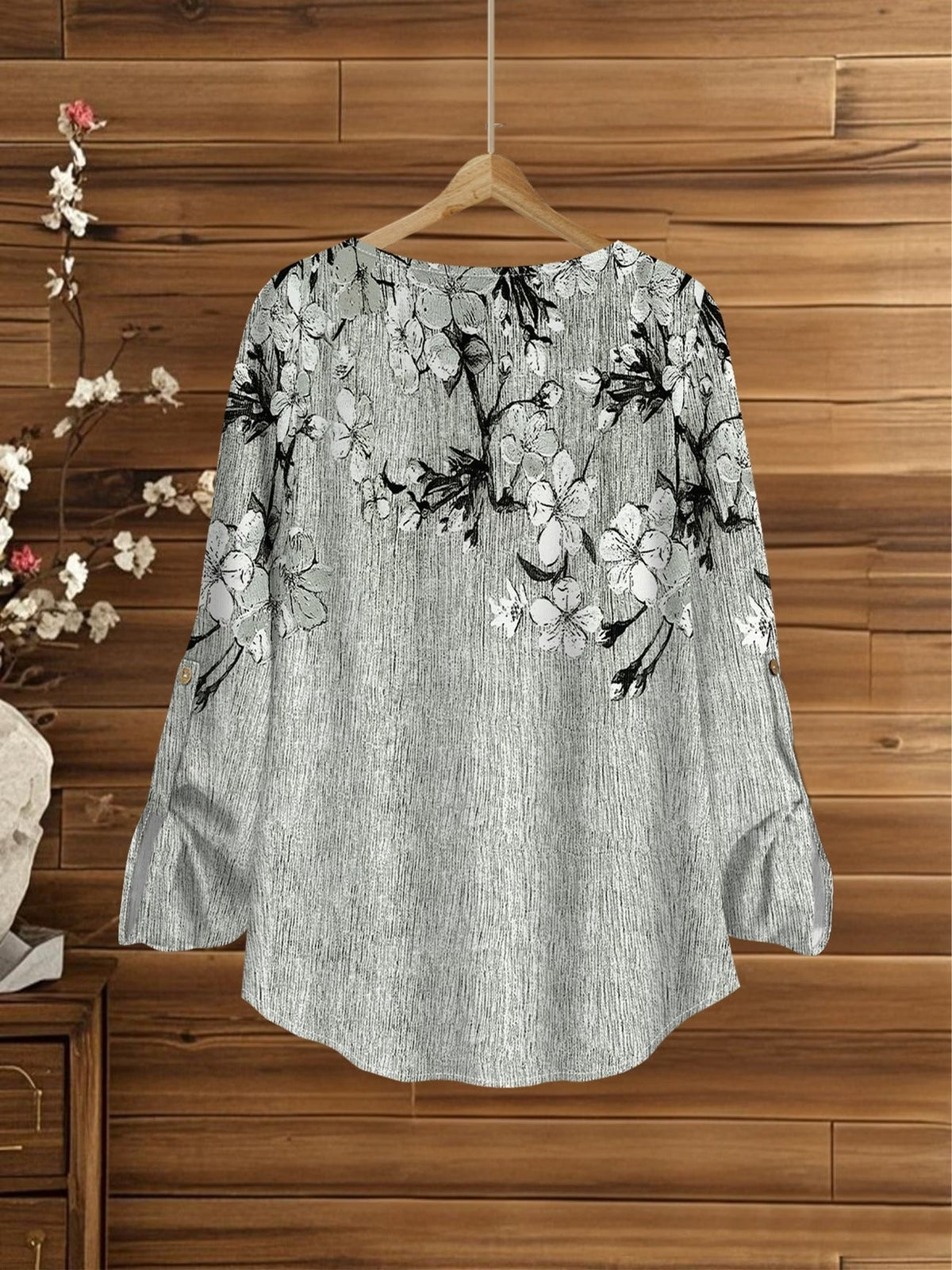 Women’s Floral Long-Sleeve Shirt with Printed Pants – Stylish Two-Piece Everyday Outfit (With Tie & Button Details)