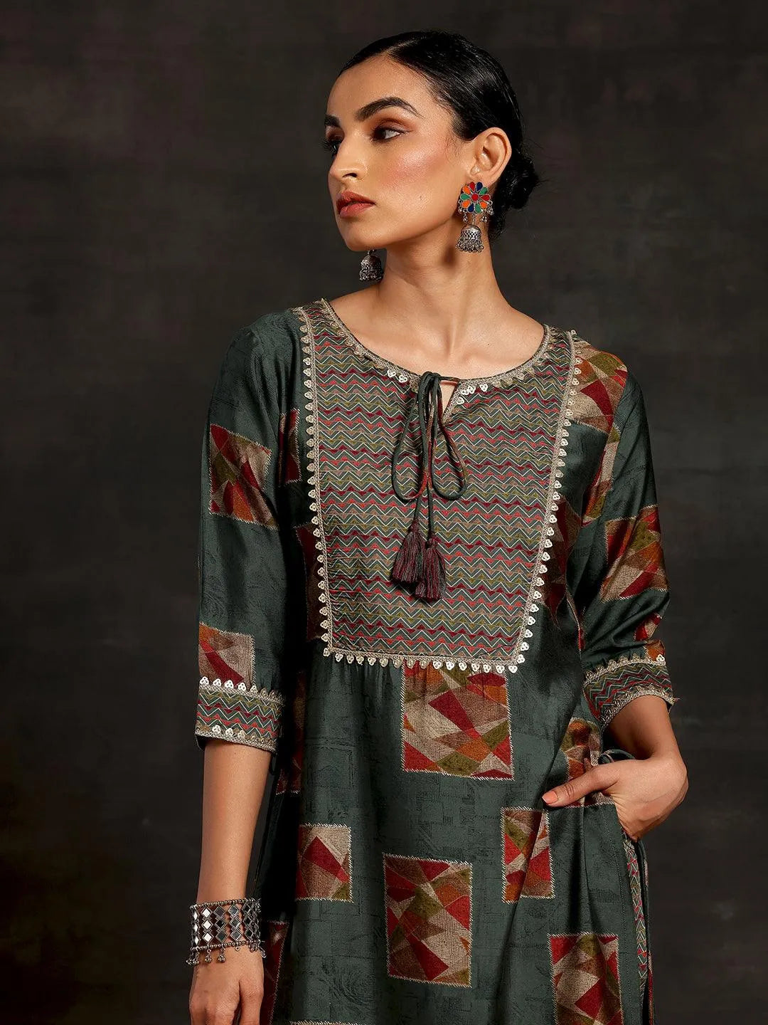 Anouk Green Printed Silk Blend Straight Suit With Dupatta
