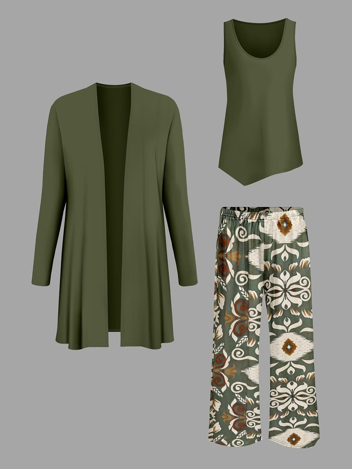 Elegant Solid Color Cardigan Jacket with Inner Vest & Printed Casual Trousers – Stylish 3-Piece Women’s Set