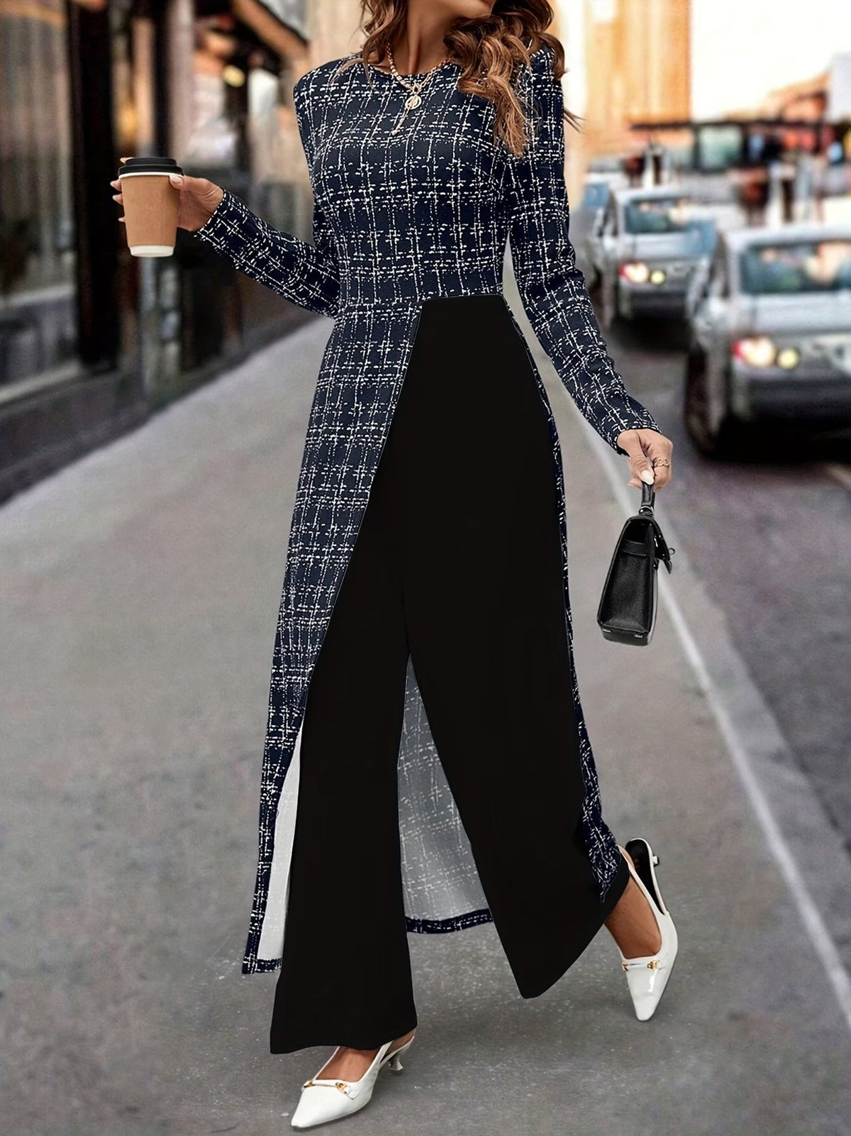 Chic Plaid Commuter Jumpsuit – Asymmetrical Design with Relaxed Straight-Leg Fit