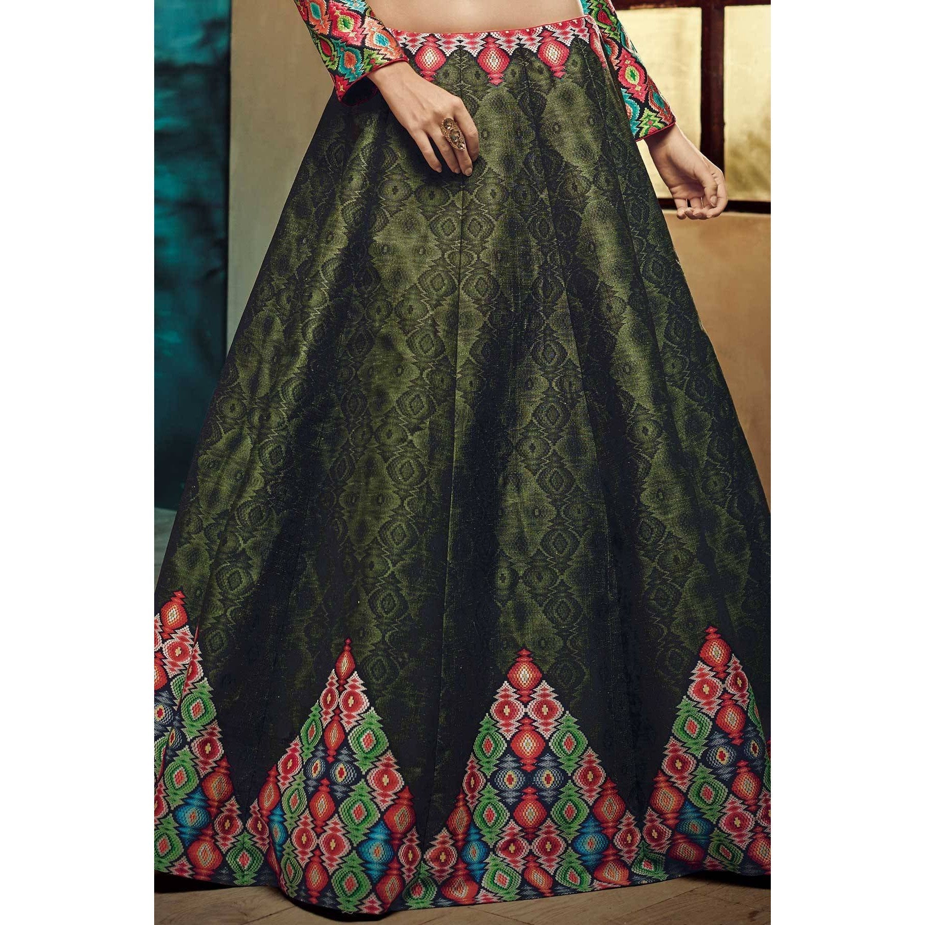 Olive Green Lehenga with Multicolor Blouse Partywear Silk