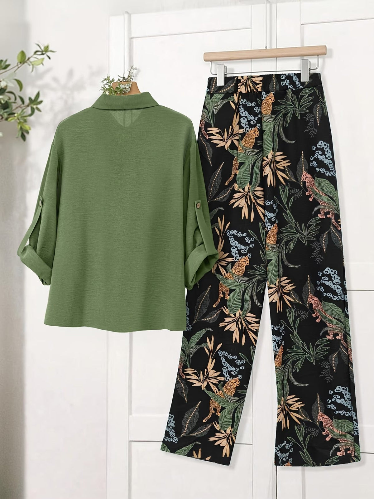Women’s Floral Long-Sleeve Shirt with Printed Pants – Stylish Two-Piece Everyday Outfit (With Tie & Button Details)