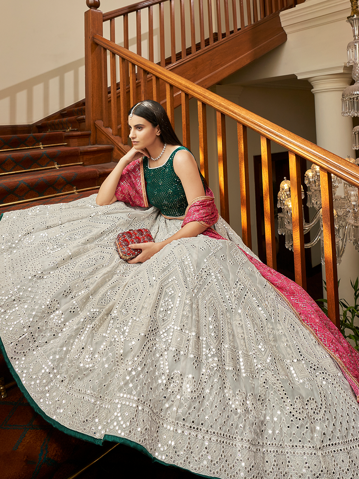 White Georgette Semi Stitched Lehenga With Unstitched Blouse