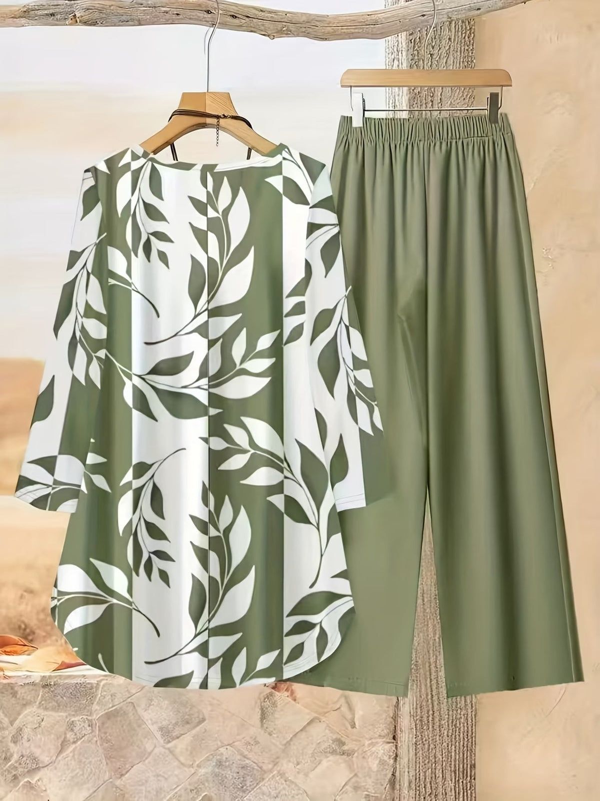 Loose Fit Irregular Print High-Low Hem Top with Solid Pants – Women’s Casual Two-Piece Outfit