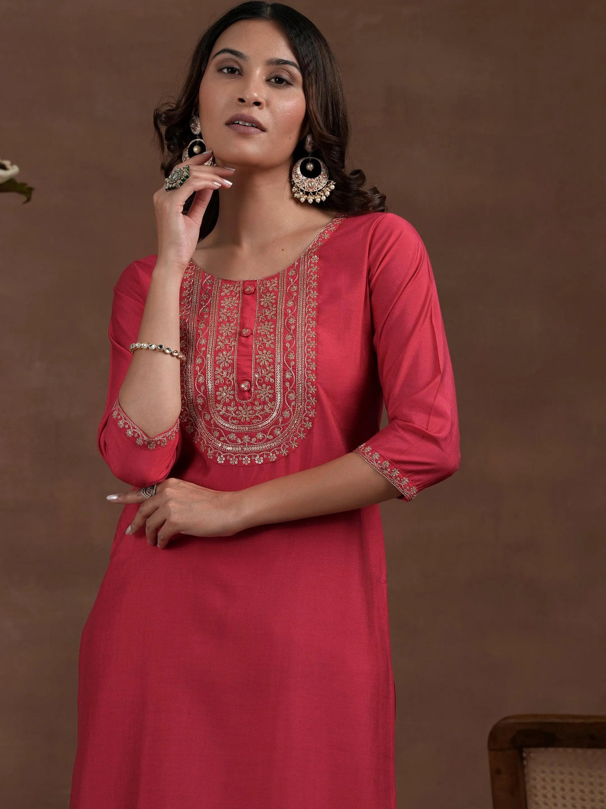 Anouk Pink Yoke Design Silk Blend Straight Suit With Dupatta