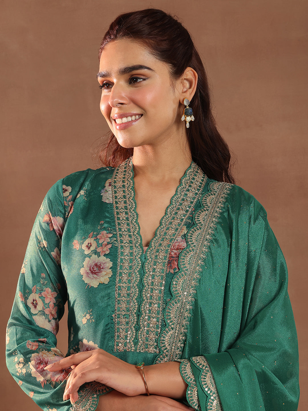 Anouk Green Printed Silk Blend Straight Suit With Dupatta