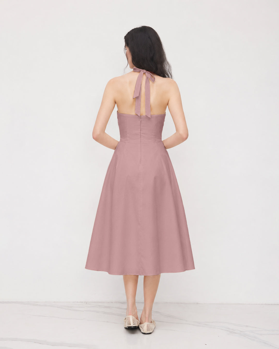Halter Neck Fit and Flare A-Line Hem Sleeveless Midi Dress in Dusty Pink