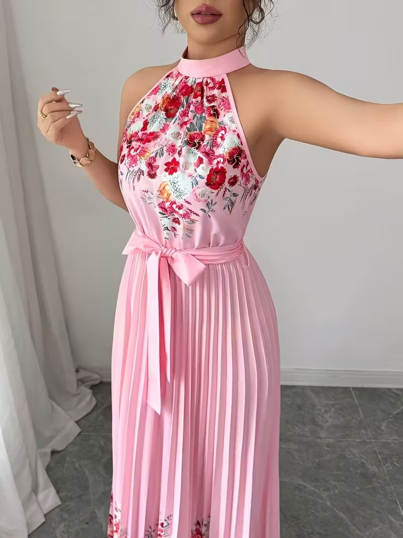 Elegant Floral Halter Neck Pleated Dress – Stylish & Comfortable Summer Outfit for Women