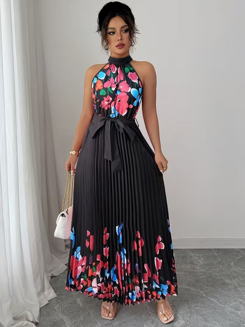Elegant Floral Halter Neck Pleated Dress – Stylish & Comfortable Summer Outfit for Women