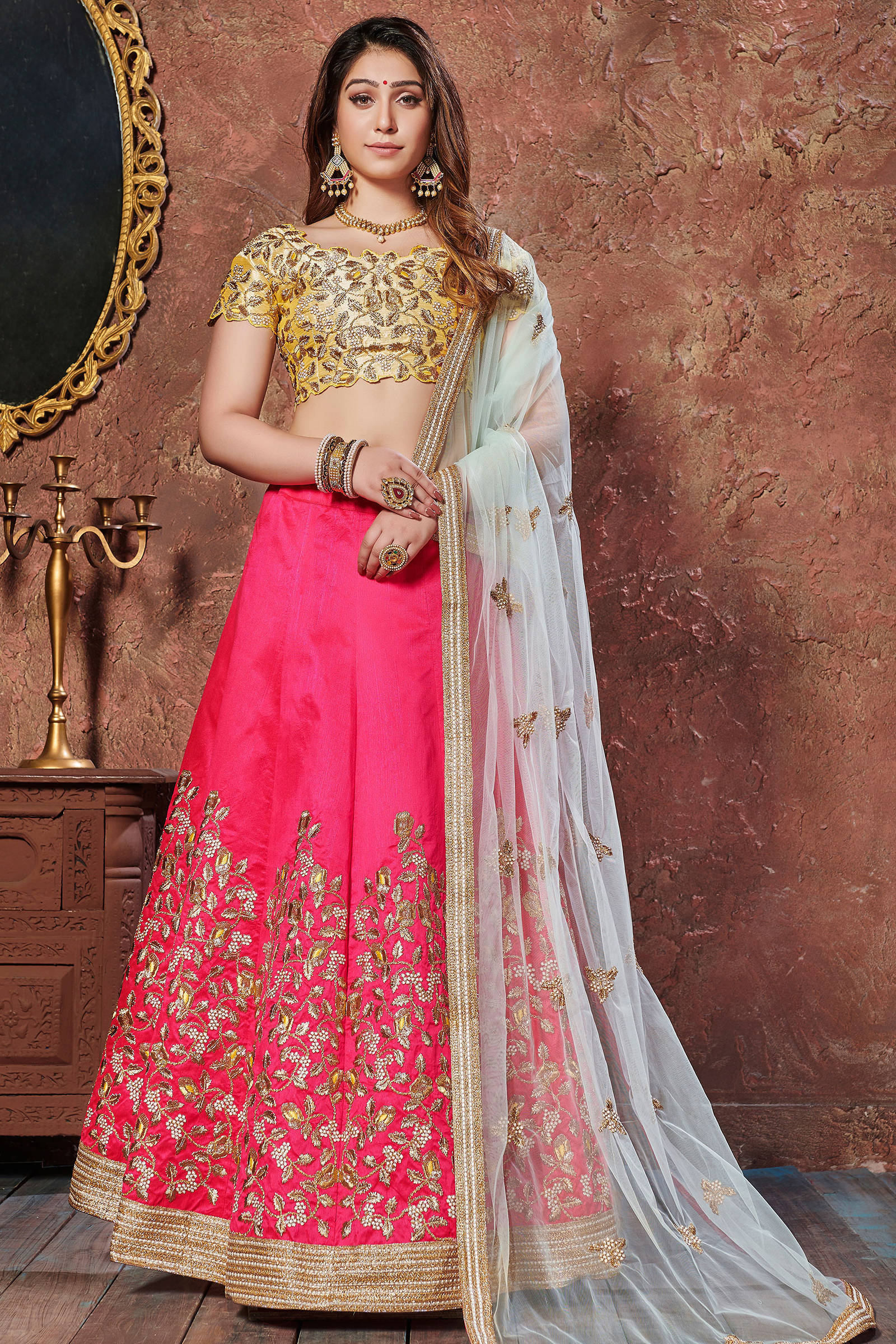 Stunning Hot Pink Thread Embroidered Mulberry Silk Bridal Lehenga Choli
