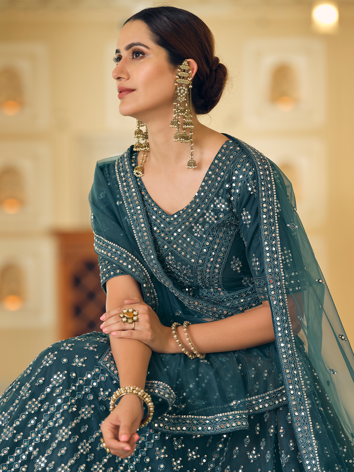 Teal Embroidered Soft Net Semi Stitched Lehenga With Unstitched Blouse