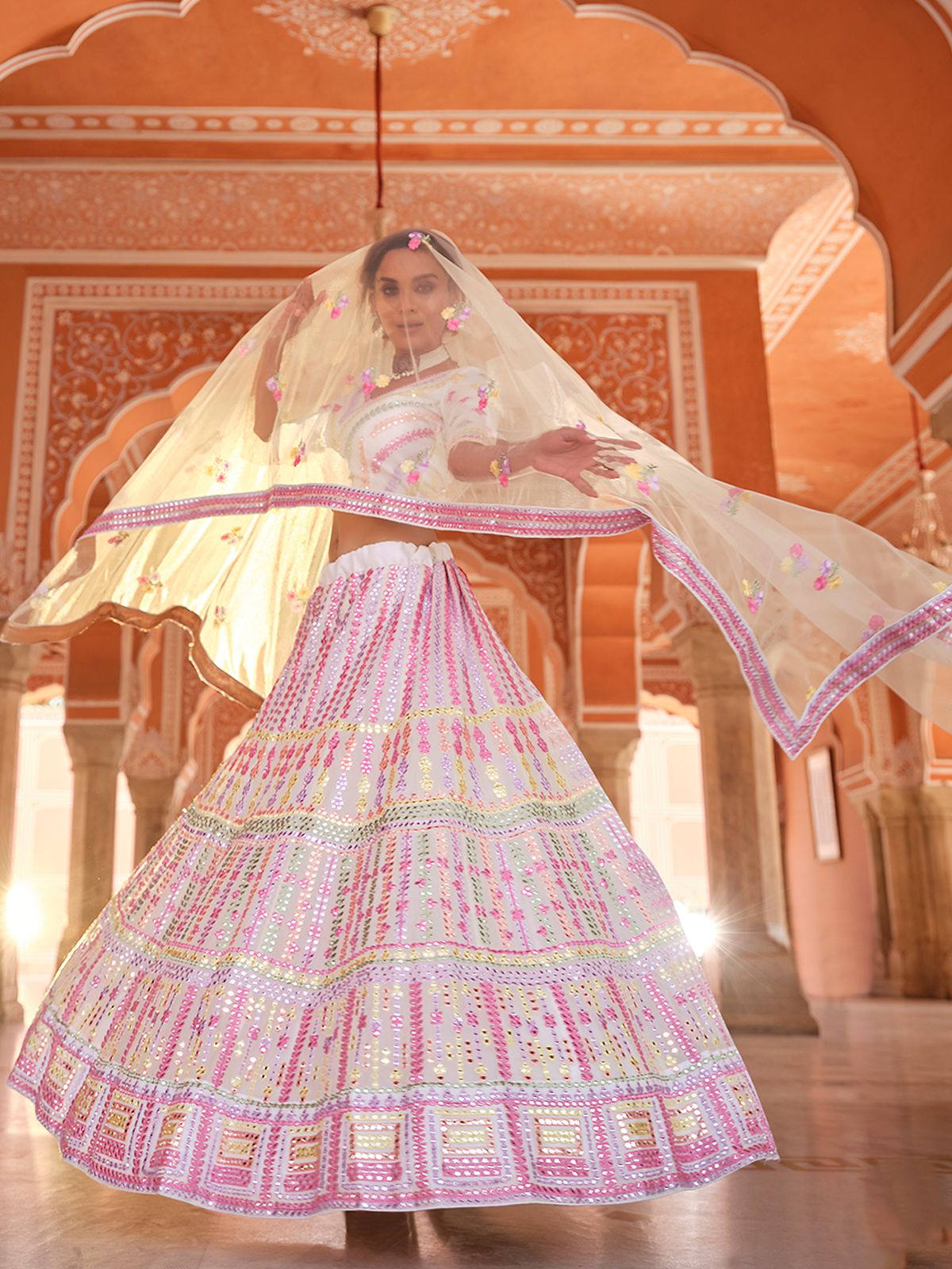 White Embroidered Organza Semi Stitched Lehenga With Unstitched Blouse