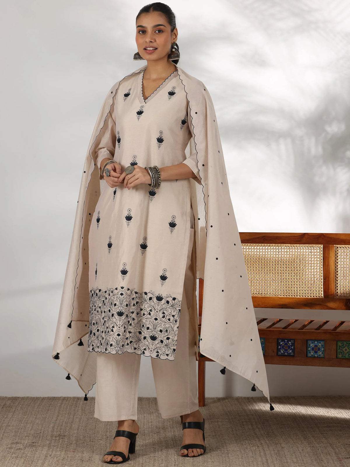 Anouk Beige Embroidered Chanderi Silk Straight Suit With Dupatta