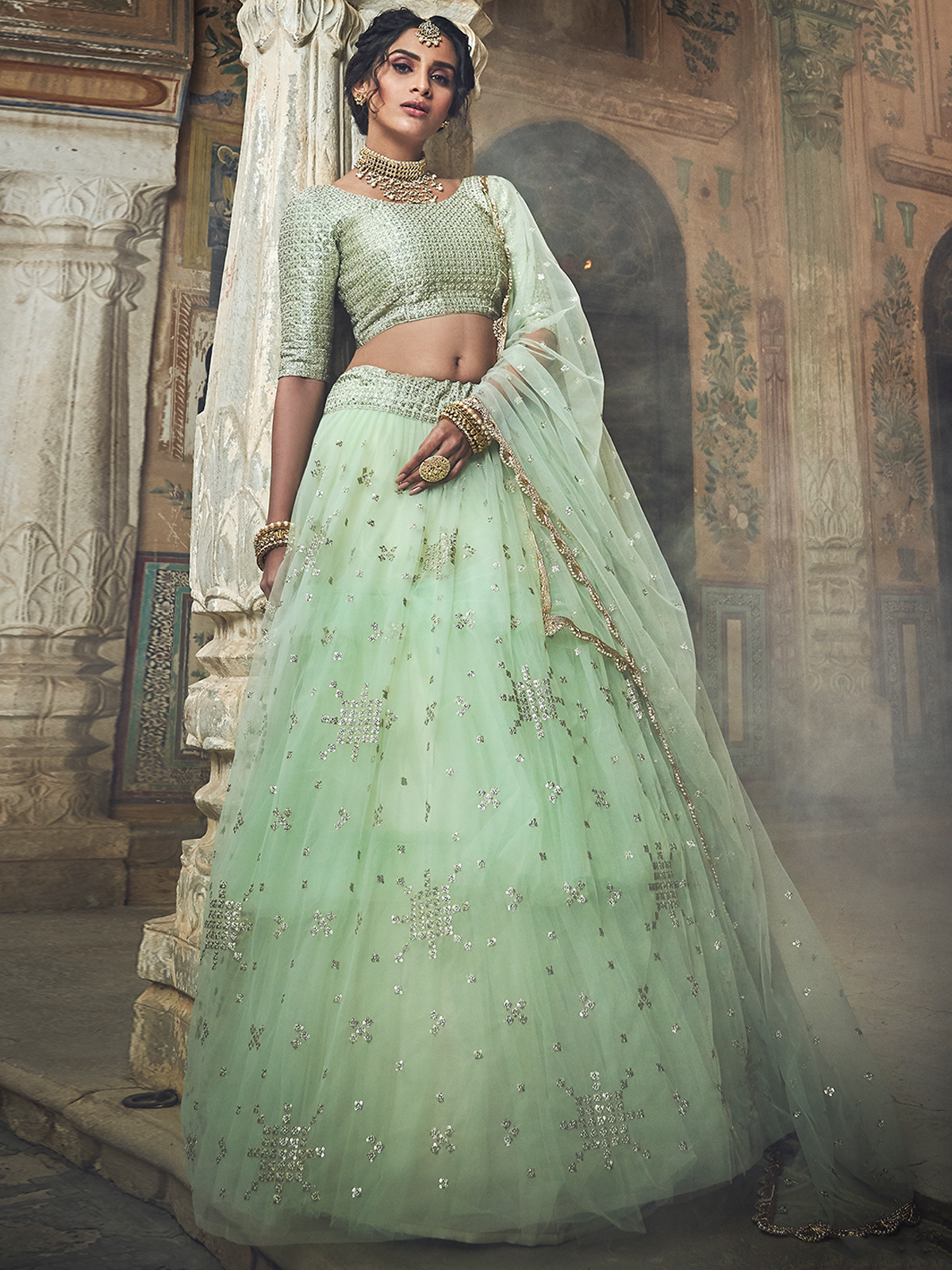 Sea Green Sequins, Zari Semi Stitched Lehenga With Unstitched Blouse