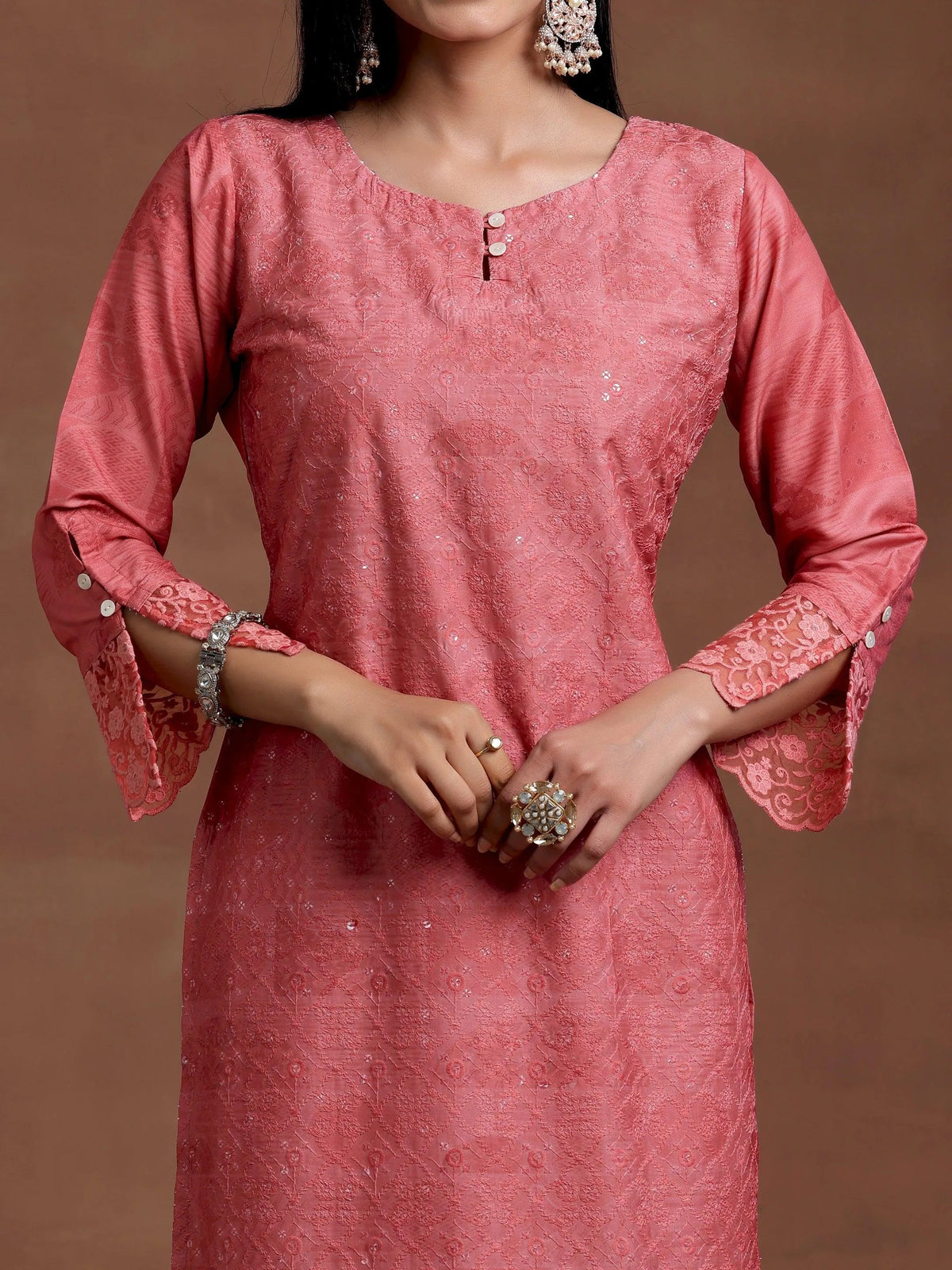 Anouk Peach Embroidered Silk Blend Straight Suit With Dupatta
