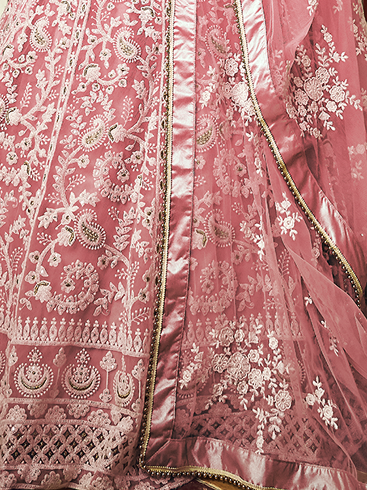 Pink Embroidered Soft Net Semi Stitched Lehenga With Unstitched Blouse