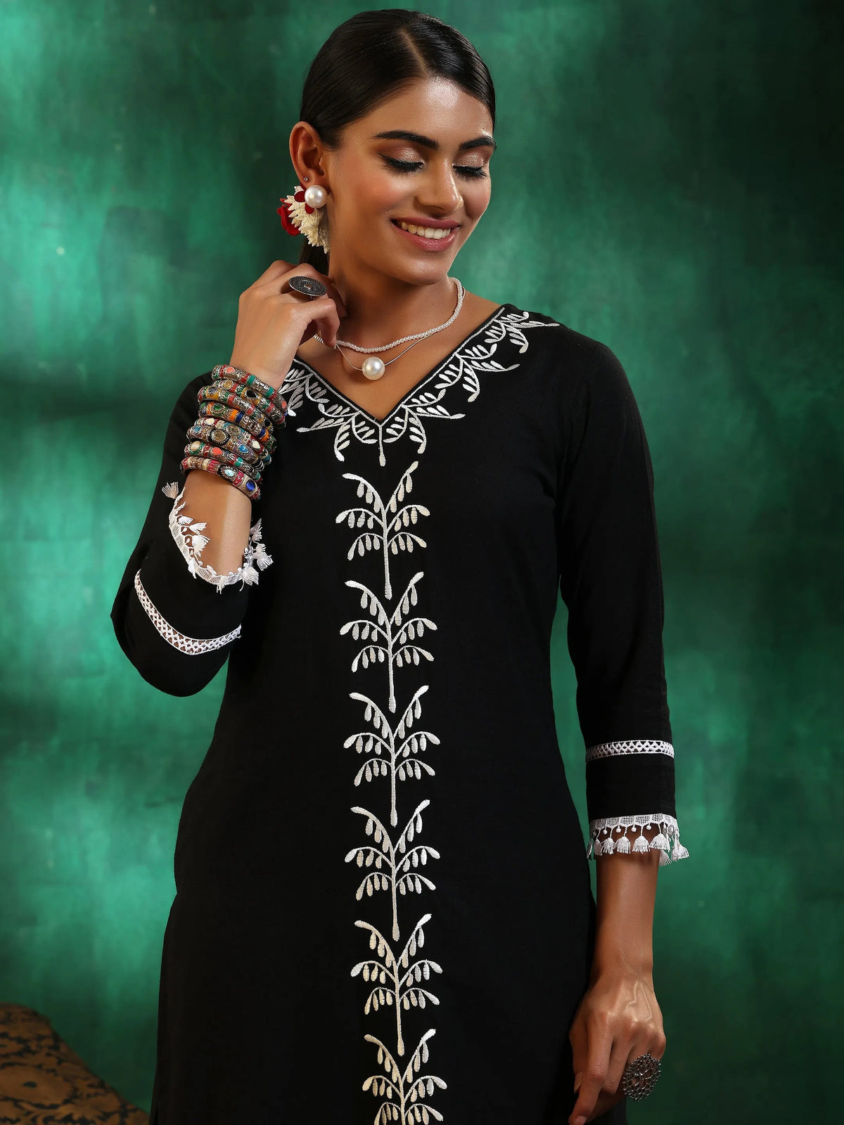Anouk Black Embroidered Cotton Straight Suit With Dupatta