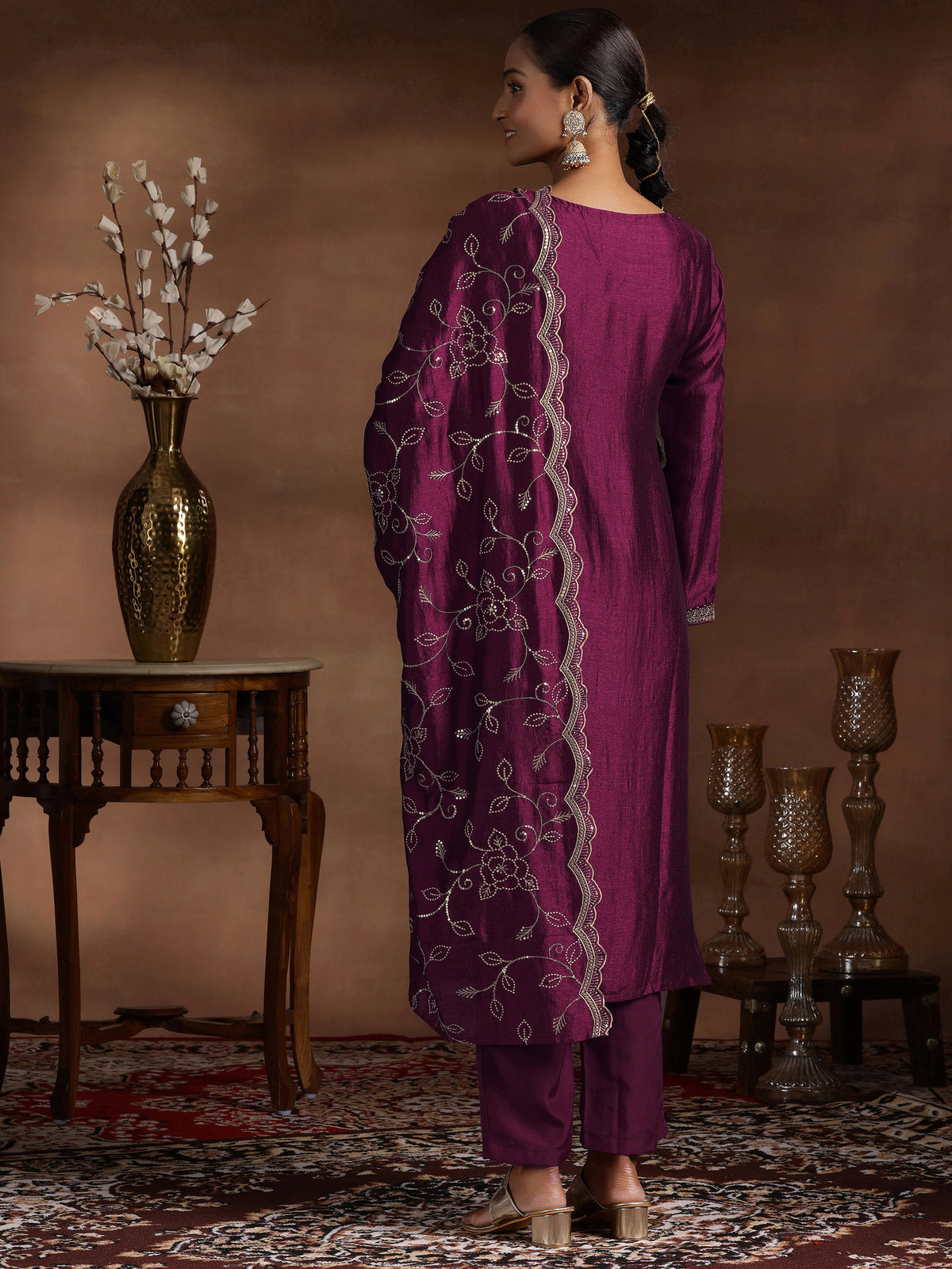 Anouk Wine Embroidered Silk Blend Straight Suit With Dupatta