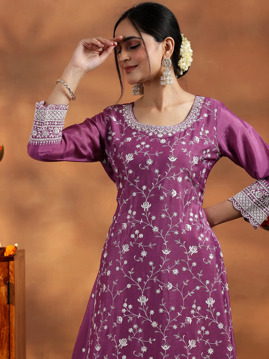 Anouk Mauve Embroidered Silk Blend Straight Suit With Dupatta