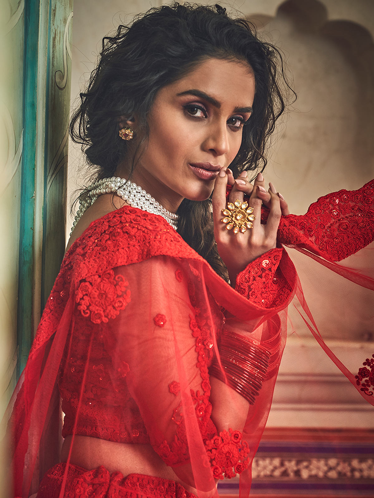 Red Embroidered Soft Net Semi Stitched Lehenga With Unstitched Blouse